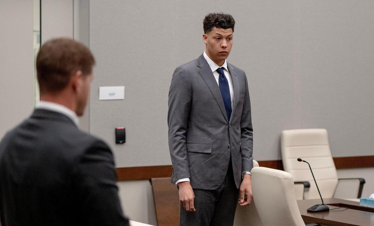 Jackson Mahomes waits to leave the courtroom following a bond motion hearing in Johnson County District Court on Tuesday, May 16, 2023, in Olathe, Kan.