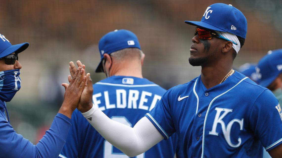 Kansas City Royals’ Jorge Soler celebrates with teammates after a baseball game against the Detroit Tigers in Detroit, Saturday, April 24, 2021. The Royals won 2-1. (AP Photo/Raj Mehta)