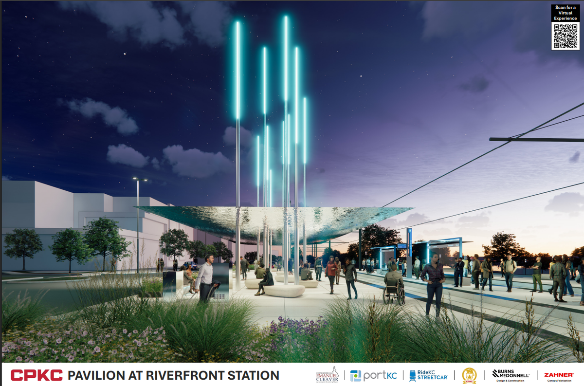 This rendering shows the plans for the CPKC Pavilion at Riverfront Station, a separately funded addition to the riverfront streetcar extension.
