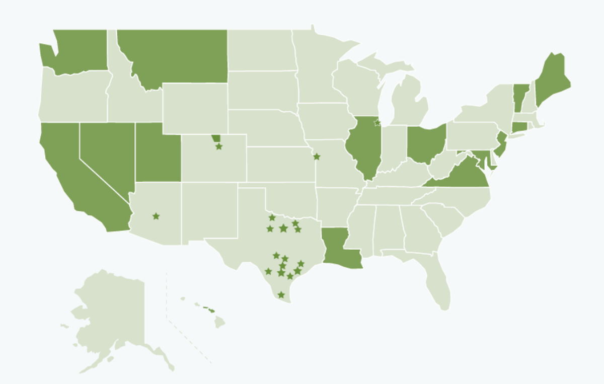 The shaded green areas on this map show the states, counties and cities on track to adopt the 2021 energy efficiency guidelines from the International Code Council.
