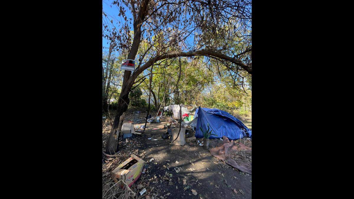 “No trespassing” signs were hung up in a homeless encampment in the Lykins neighborhood on Nov. 1, 2024.