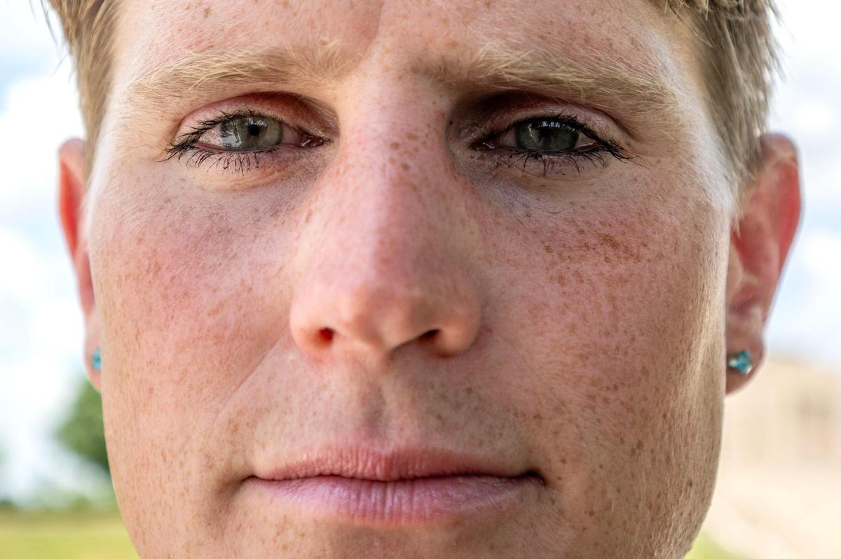 Maj. Kara Corcoran, a transgender woman who has served in the U.S. Army for 17 years, stands for a portrait at the National WWI Museum and Memorial on Wednesday, June 25, 2025, in Kansas City. Corcoran is currently stationed at Fort Leavenworth and awaiting word on her military status under the federal policy affecting transgender service members.