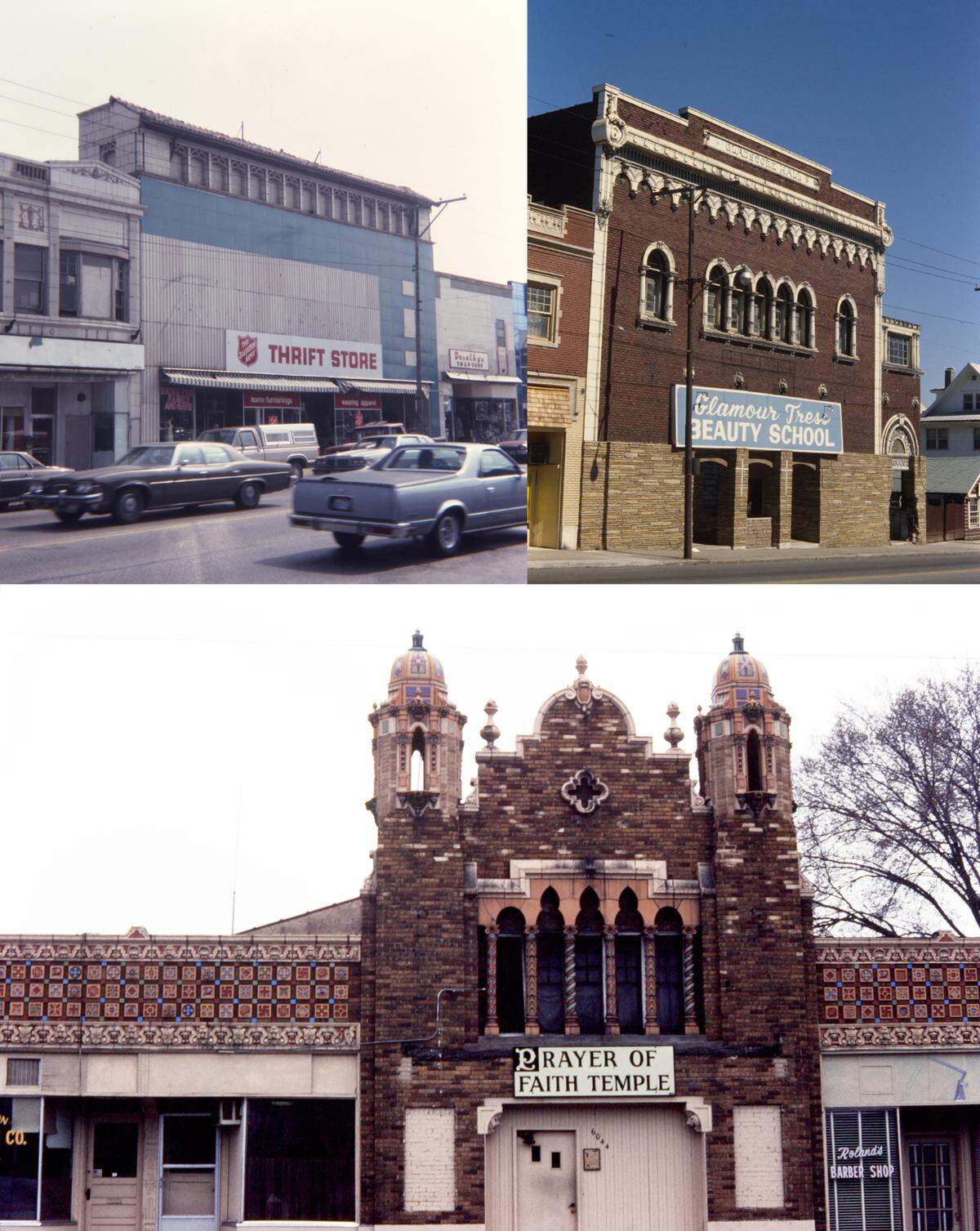 Clockwise from top left: the Warwick Theatre (1914–1953, reopened as a live performance venue in 2015, destroyed by fire in 2024) repurposed as a Salvation Army thrift store in 1983, the Gladstone Theater (1913–circa 1959) repurposed as a beauty school in 1982, and the Aladdin Theatre (1927–1959) repurposed as a church in 1985.