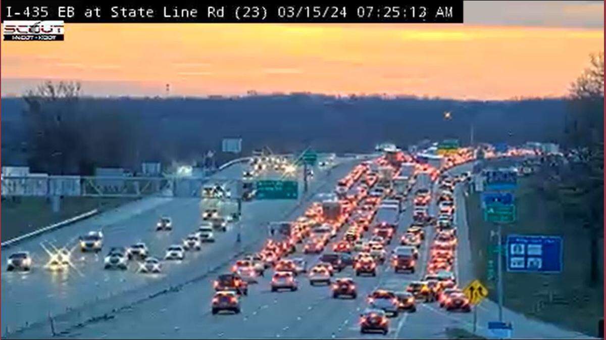 Eastbound Interstate 435 was at a virtual standstill during Friday morning’s commute after a crash near the Three Trails Crossing forced the heavily traveled highway to shut down at Homes Road in Kansas City. This view from a Kansas City Scout traffic camera was from 7:25 a.m.