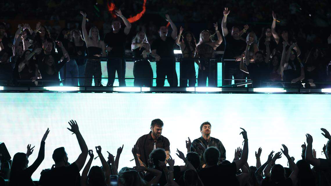 The Chainsmokers perform between games in the Final Four of the 2026 NCAA Men's Basketball Tournament at Lucas Oil Stadium on April 4, 2026 in Indianapolis.