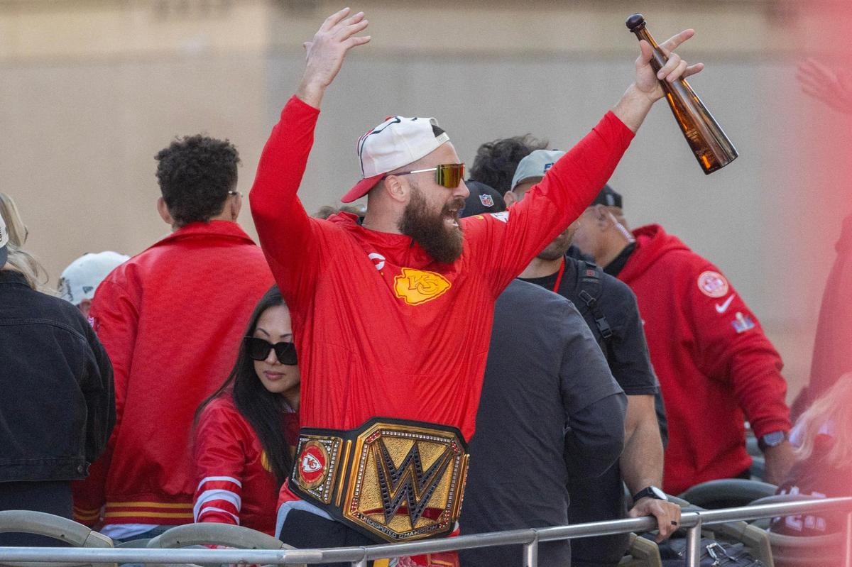 Travis Kelce at the Chiefs victory rally on Valentine’s Day.
