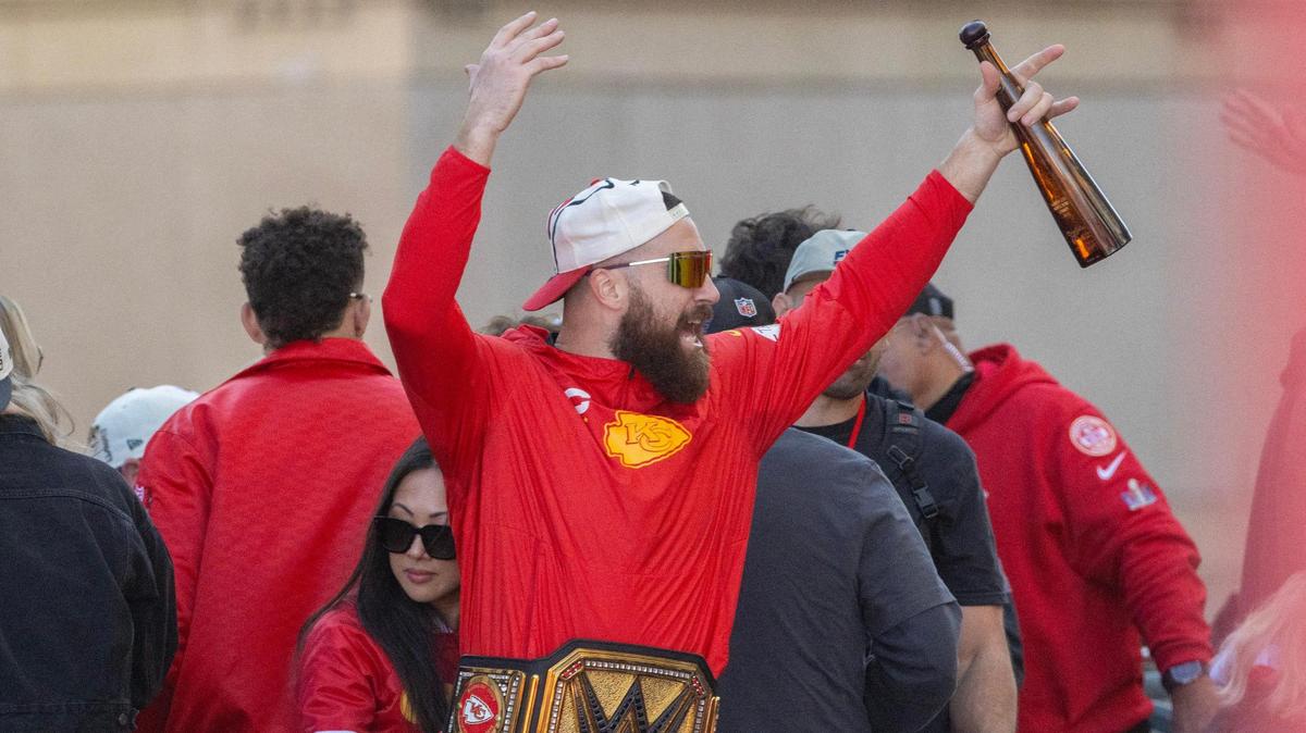Kansas City Chiefs tight end Travis Kelce, seen here in February celebrating the team’s Super Bowl win this year, chugged a beer Thursday night ... and people are still talking about it today.