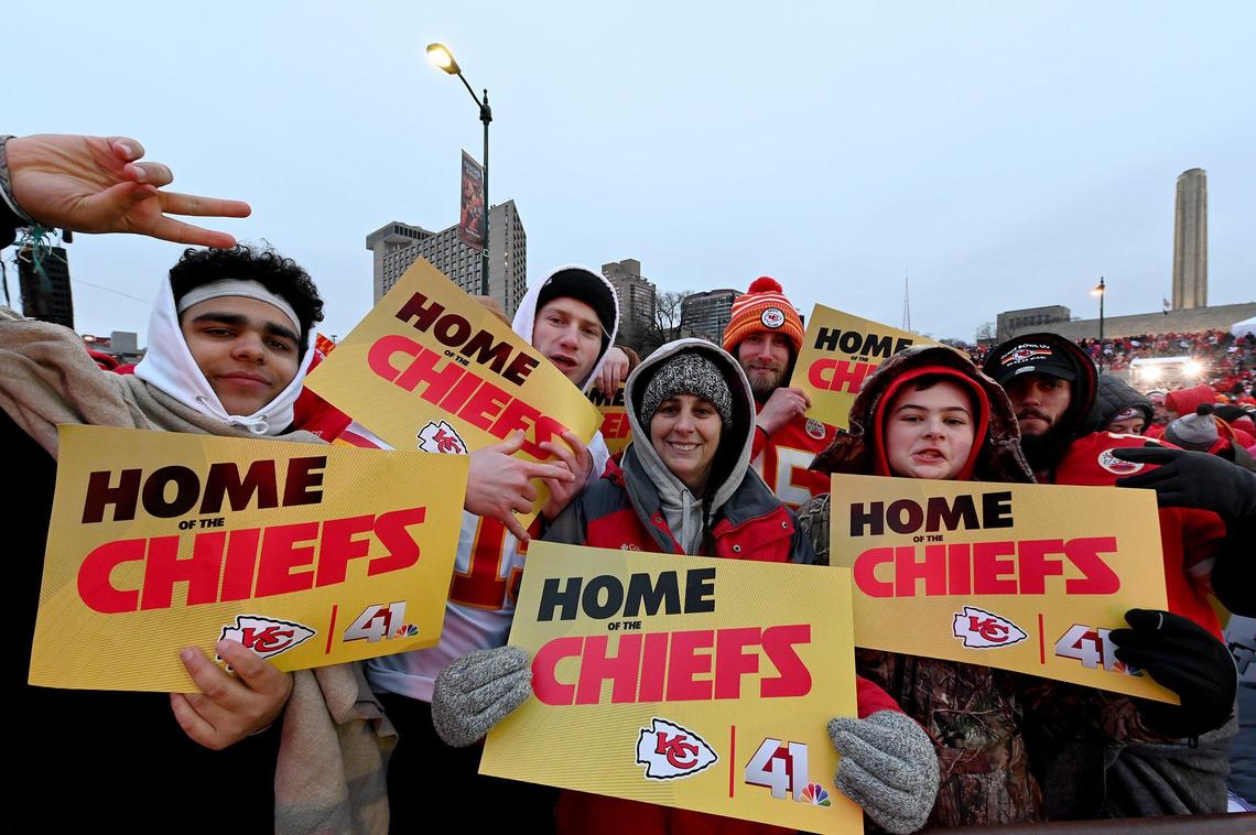 Chiefs fans from Mayetta, Kansas, were in the front of the crowd as thousands gathered at Union Station and Liberty Memorial hours before the start of the Super Bowl victory parade and rally on Wednesday.