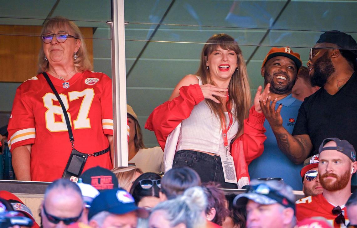 Donna Kelce, left, mother of Chiefs tight end Travis Kelce watched the game with pop superstar Taylor Swift, center, during the first-half on Sunday, Sept. 24, 2023, at GEHA Field at Arrowhead Stadium in Kansas City.