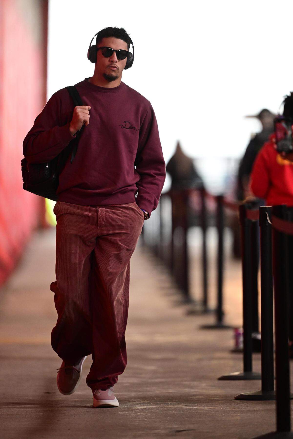 Kansas City Chiefs quarterback Patrick Mahomes arrives prior to the Chiefs game against the Indianapolis Colts on Sunday, November 23, 2025, at GEHA Field at Arrowhead Stadium.