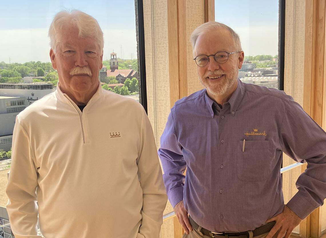 Royals owner John Sherman, left, and Hallmark board chair Don Hall Jr. are pictured above the Hallmark campus and planned future stadium site, as viewed from Benton’s restaurant at the top of the Westin in Kansas City’s Crown Center.