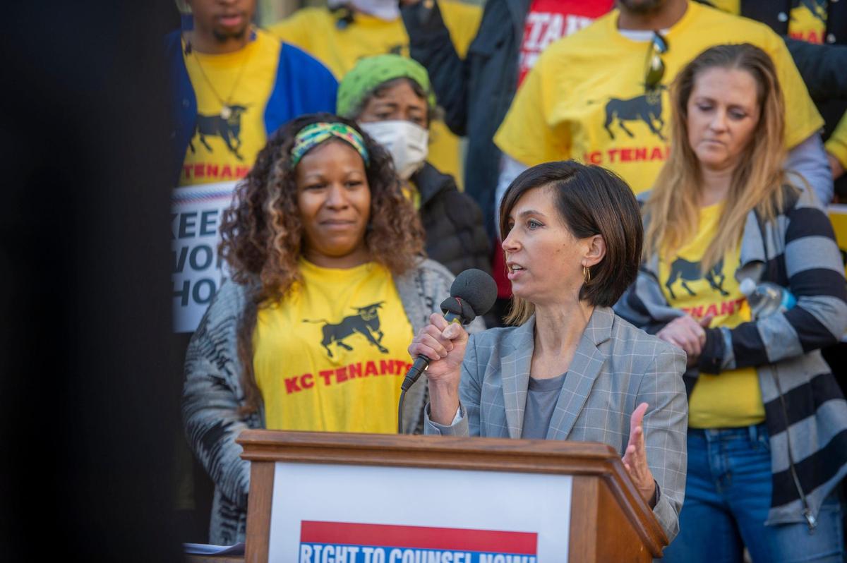 Gina Chiala, executive director and lead attorney for Heartland Center for Jobs and Freedom, speaks on the importance of an ordinance that would establish tenants’ right to counsel at Thursday at City Hall in Kansas City.