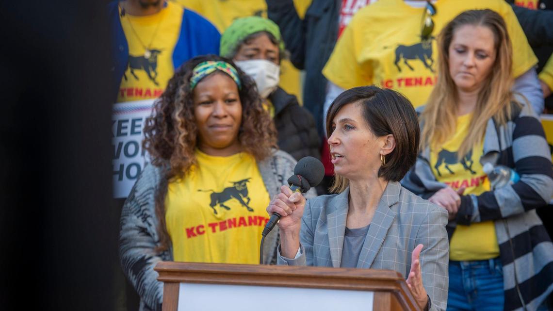 Gina Chiala, Executive Director and Lead Attorney for Heartland Center for Jobs and Freedom, speaks on the importance of an ordinance that would establish Tenants Right to Counsel at City Hall in Kansas City, Mo., on Thursday, Dec 02, 2021.