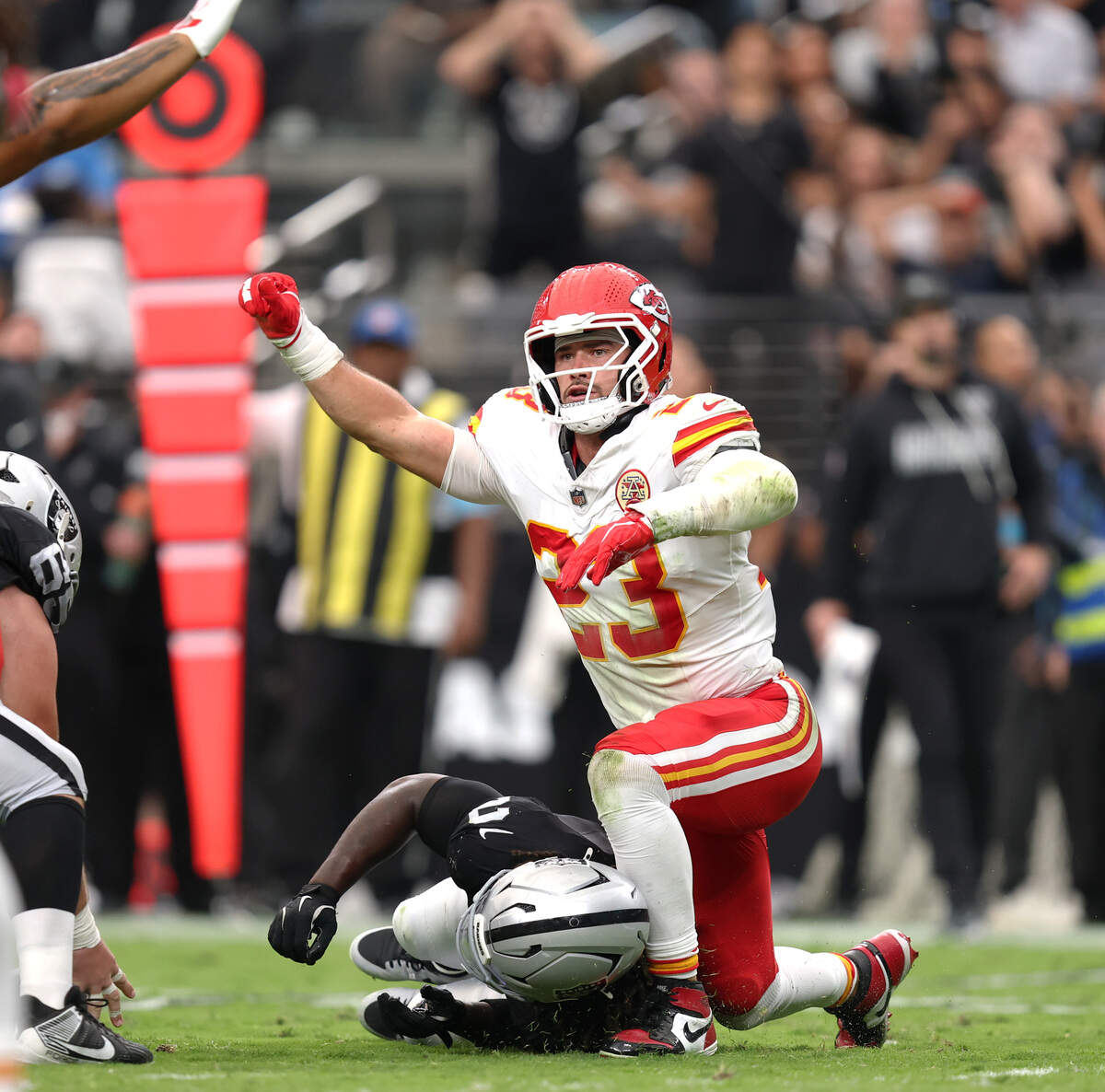 Kansas City Chiefs linebacker Drue Tranquill (23) celebrates a fourth down stop against Las Vegas Raiders running back Ashton Jeanty (2) during a Week 4 NFL game at Allegiant Stadium in Paradise, Nevada, Sunday, October 4, 2026.