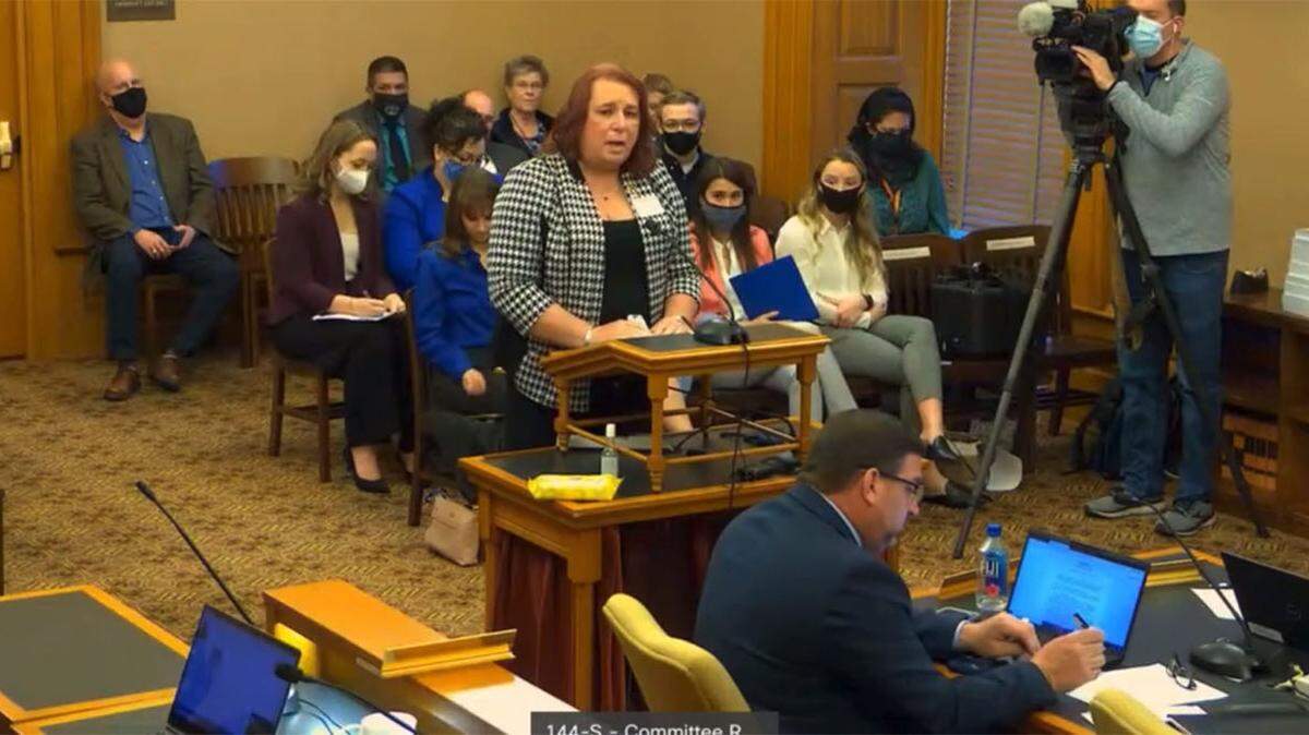 In this 2021 file photo, Rep. Stephanie Byers, D -Wichita, testifies against a bill to limit transgender participation in K-12 and college sports.