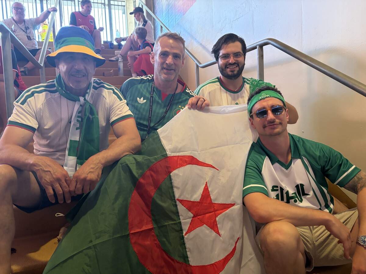 Merzouk Toumert (left), in attendance with brother-in-law Tom Paulette and Toumert’s sons Alek and Noah, at Algeria’s final group stage match against Austria Saturday, June 27 at Arrowhead Stadium