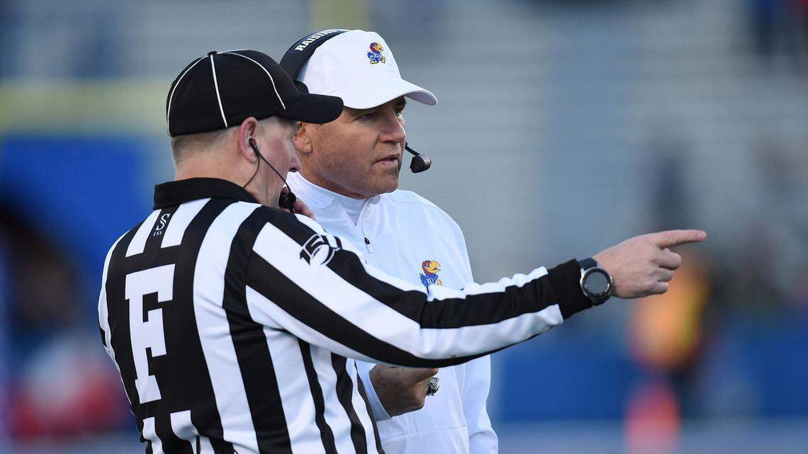 Kansas head coach Les Miles talks to a referee during action against Kansas State on November 2, 2019, at Memorial Stadium in Lawrence, Kansas. Miles’ Jayhawks played host to No. 17 Oklahoma State on Saturday, Oct. 3, 2020, and the visiting Cowboys dominated, 47-7.