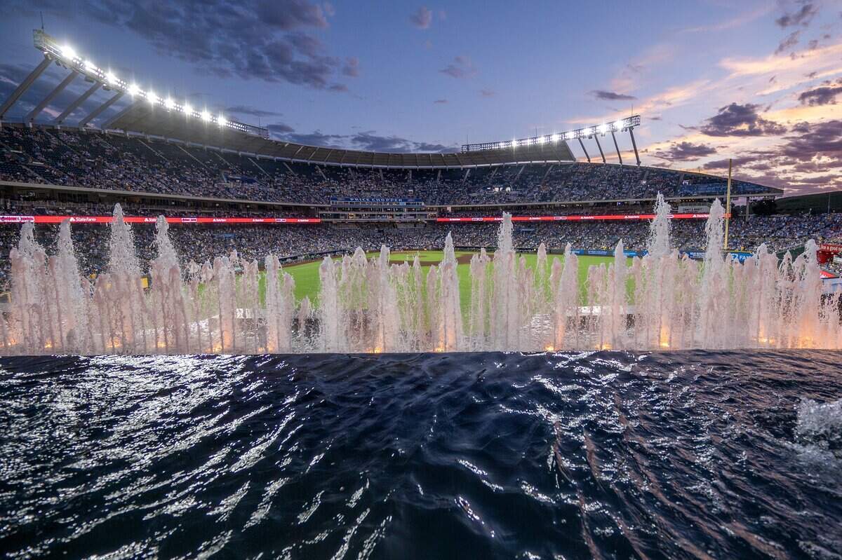The Kauffman Stadium fountains are seen during an inning of a game between the Kansas City Royals and the Houston Astros on Friday, June 12, 2026, in Kansas City.