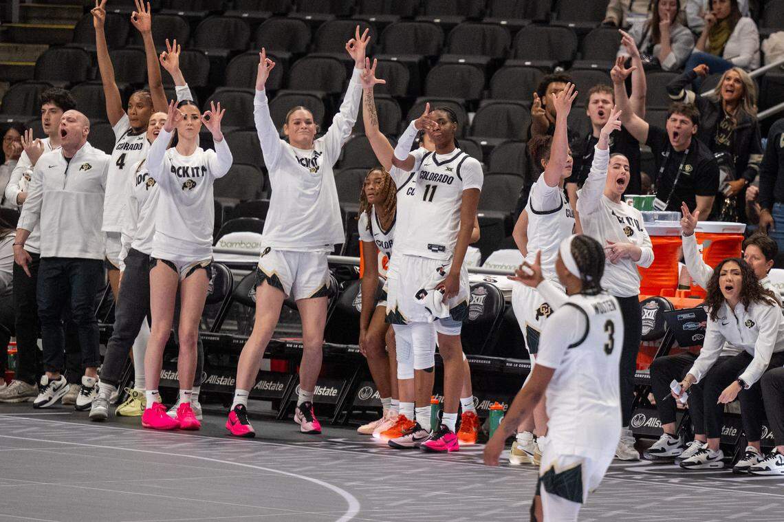 The Colorado Buffaloes’ bench celebrates a 3-pointer by CU guard Desiree Wooten (3) late in KU’s second-round loss at the Big 12 Women's Basketball Tournament on Thursday, March 5, 2026, at T-Mobile Center in Kansas City.