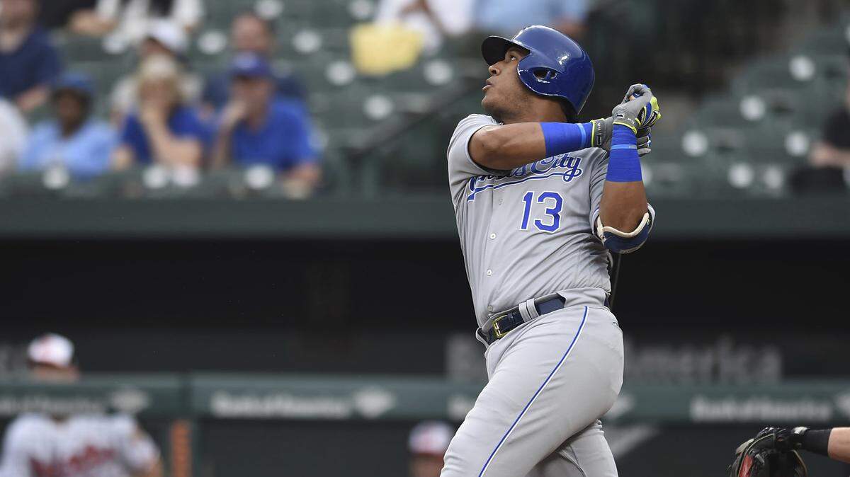 Kansas City Royals' Salvador Perez follows through on a grand slam against the Baltimore Orioles during the first inning of baseball game, Thursday, May 10, 2018, in Baltimore.
