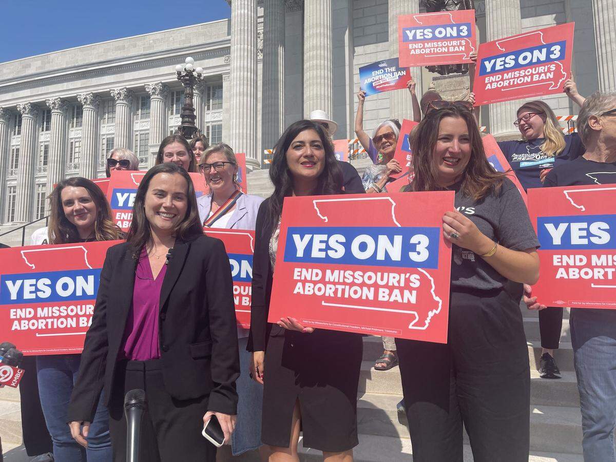Missouri abortion rights supporters hold a celebratory press conference outside the state Capitol after the Missouri Supreme Court ruled that Amendment 3 can remain on the ballot.