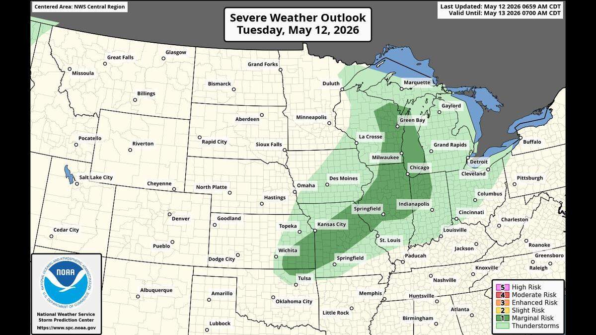 It’s uncertain whether storms will develop Tuesday afternoon, but if they do, some could be strong to severe, according to the National Weather Service. The Storm Prediction Center, part of the National Weather Service, has placed areas mainly south of a line from Olathe to Kirksville, Missouri, under a marginal risk (level 1 of 5) for severe storms.