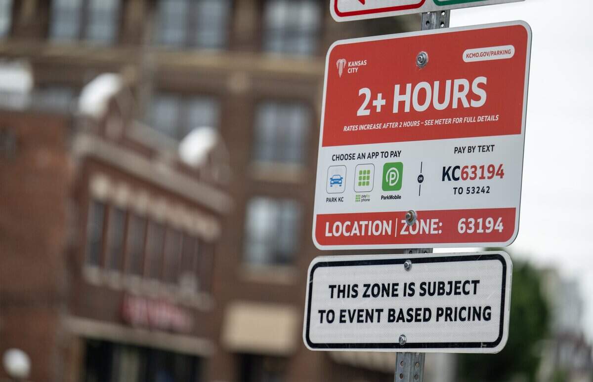 Parking sign in the 100 block of E. Missouri Avenue in the River Market area on Thursday, May 21, 2026, in Kansas City.