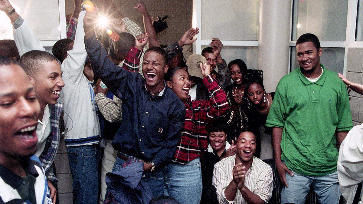 Tennessee State University students cheered after the announcement of the not-guilty verdicts in the O.J. Simpson trial Oct. 3, 1995.