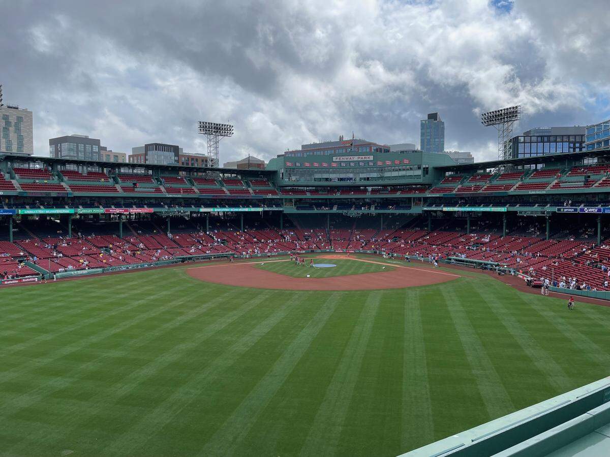 Looking back at home plate at Fenway Park from the seats atop the Green Monster in Boston.