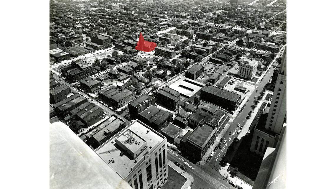 View of St. Mary’s Church (in red) and surrounding area from City Hall, ca. 1940s.