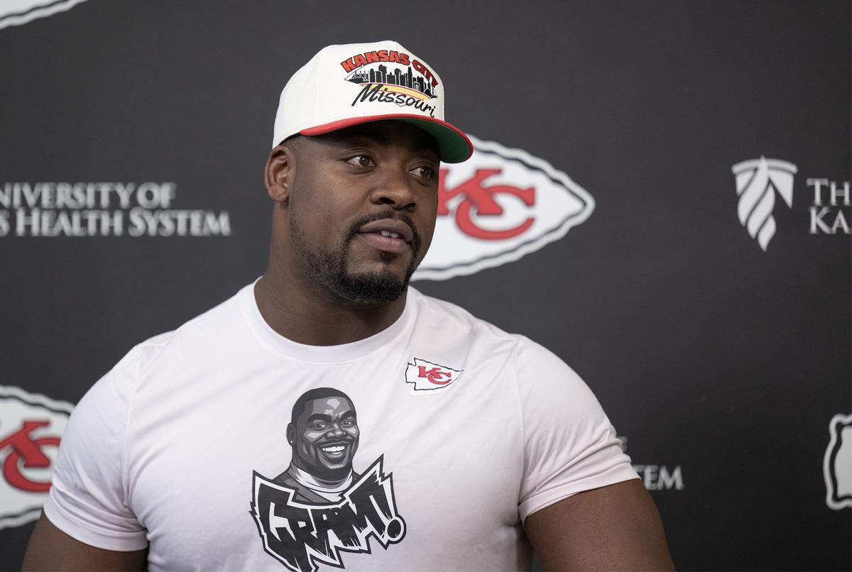 Kansas City Chiefs defensive end Chris Jones (95) speaks with the media during availability Thursday, Dec. 11, 2025, at the team's training facility in Kansas City.