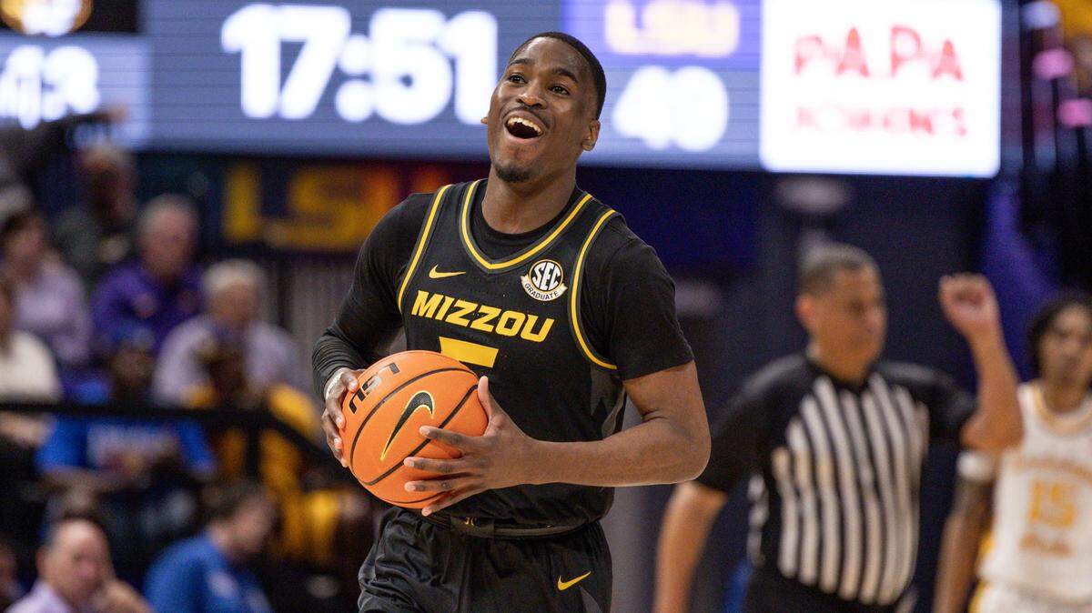Missouri guard D’Moi Hodge (5) reacts to a call against LSU during the second half at Pete Maravich Assembly Center in Baton Rouge, Louisiana, on March 1, 2023.