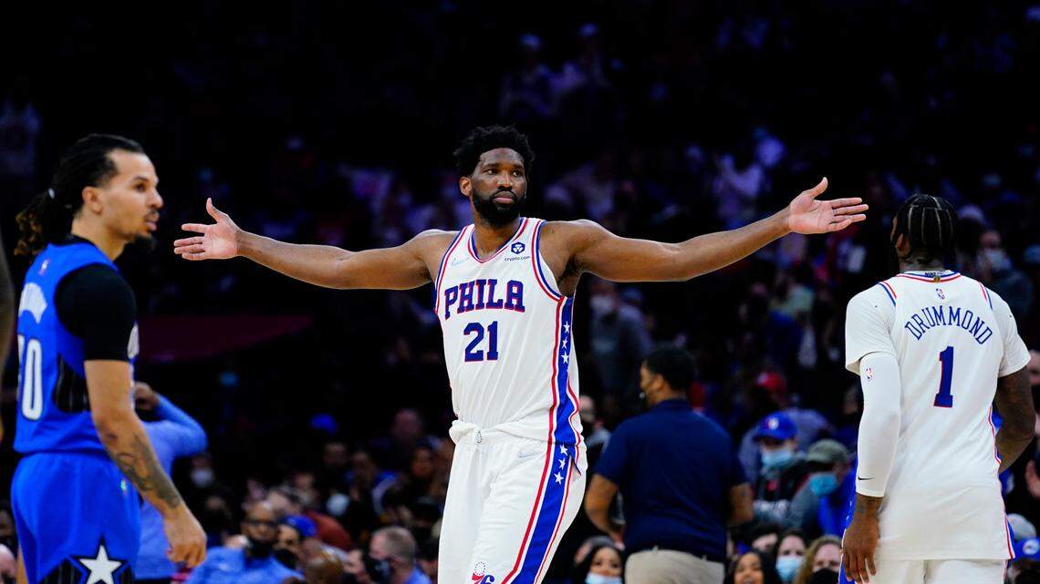 Philadelphia 76ers’ Joel Embiid reacts during the second half of an NBA basketball game against the Orlando Magic, Wednesday, Jan. 19, 2022, in Philadelphia. (AP Photo/Matt Slocum)