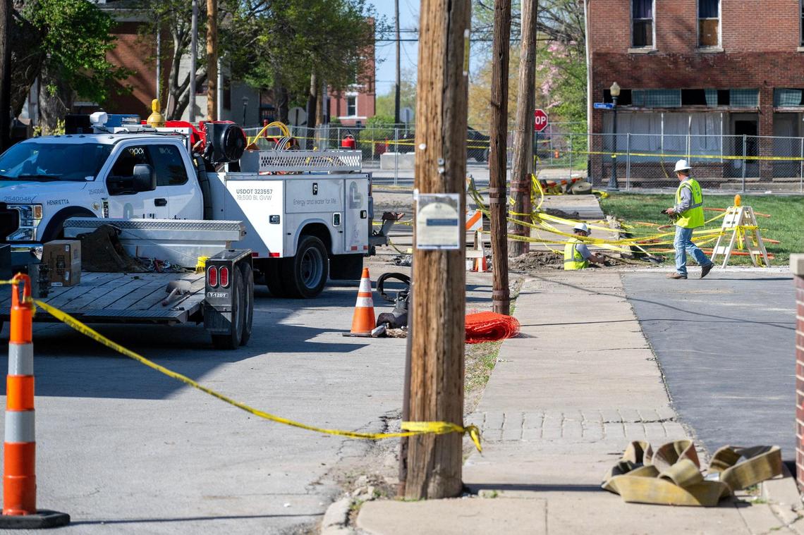 Five days after a gas line explosion, Liberty Utilities crews continued to repair lines on Tuesday, April 15, 2025, in Lexington, Mo.