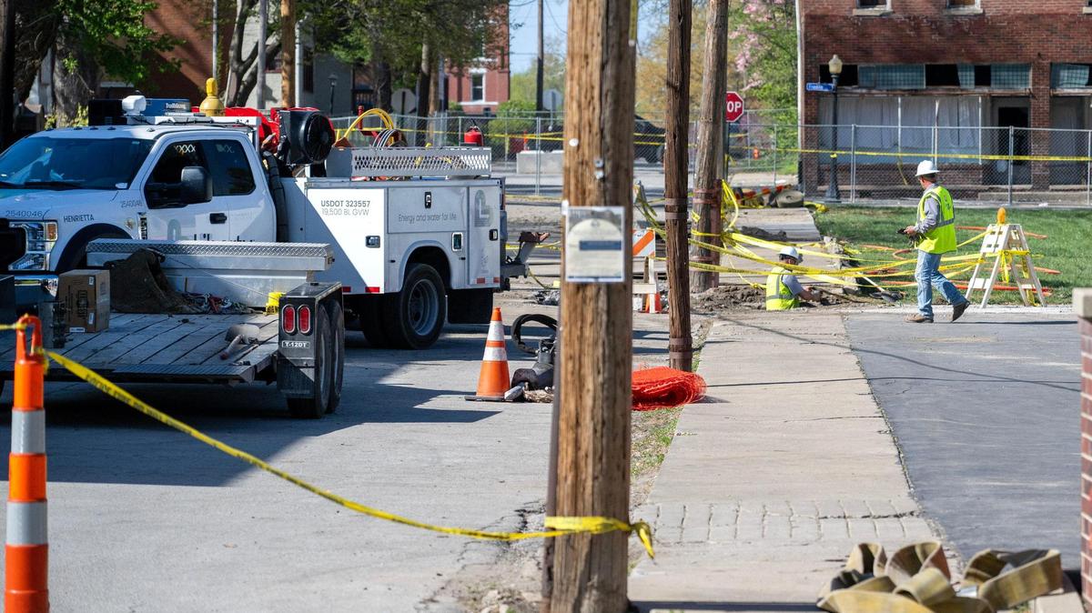 Utility workers made repairs in Lexington, Missouri, on April 15, 2025, in the wake of a deadly home explosion.