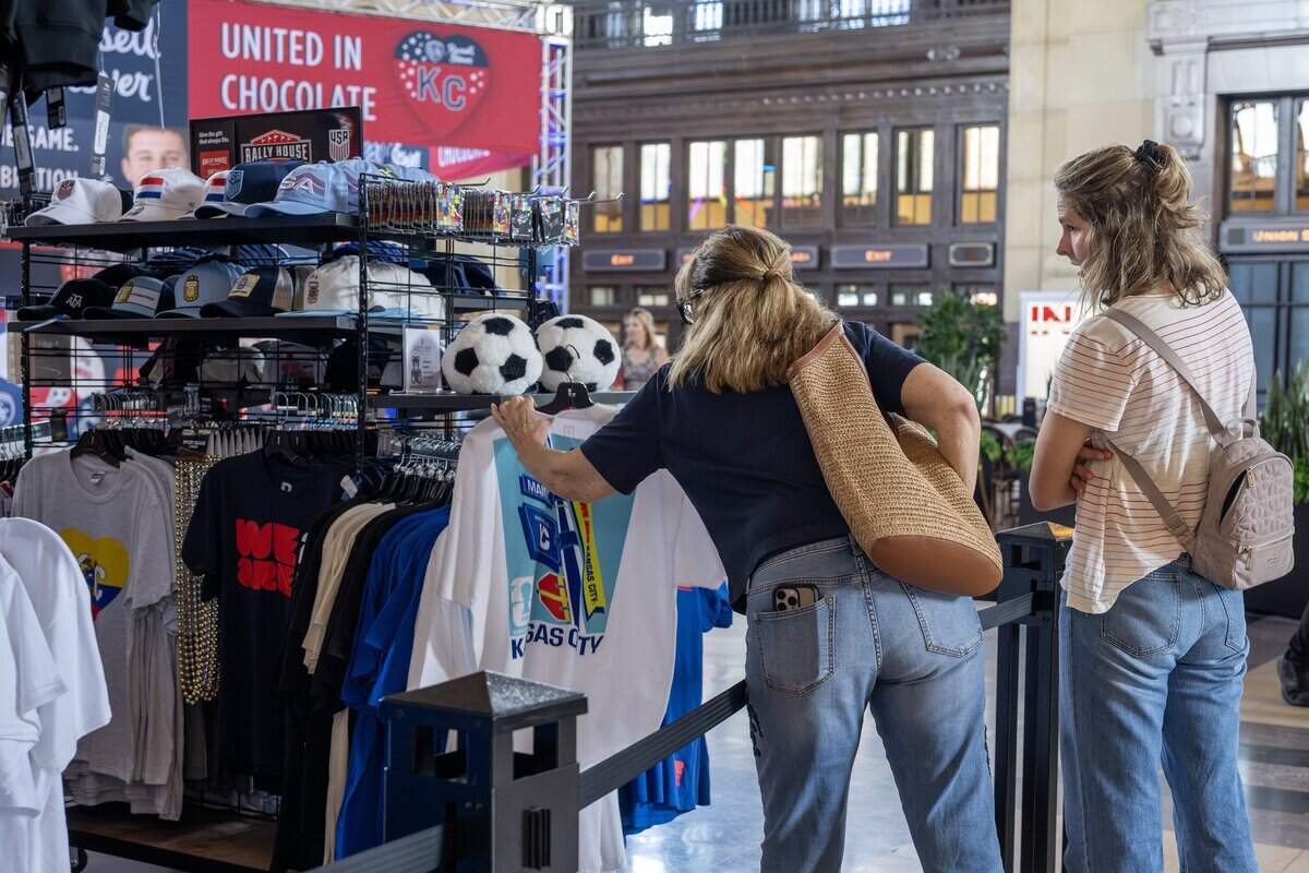 Shoppers browse FIFA World Cup merchandise at Rally House inside Union Station on Tuesday, June 9, 2026, in Kansas City.