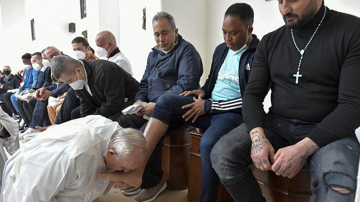 Pope Francis washed the feet of inmates in a prison in Rome, as Jesus washed the feet of his apostles.
