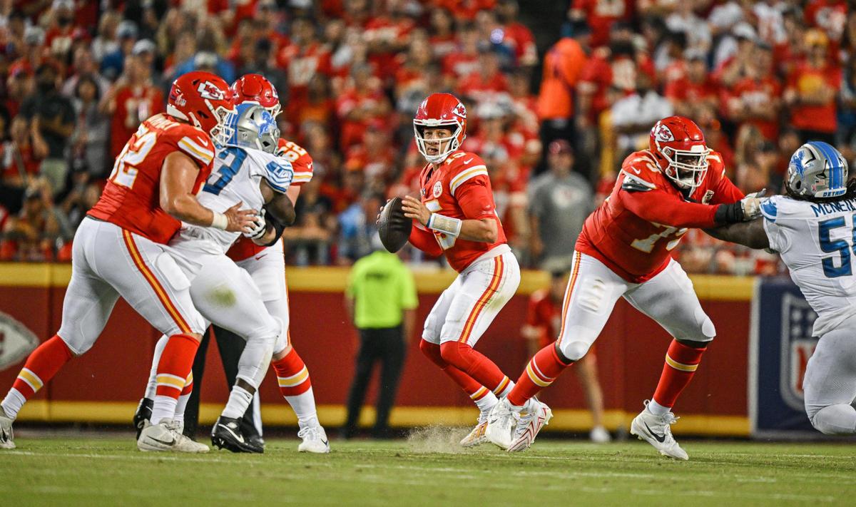 Kansas City Chiefs quarterback Patrick Mahomes looks for a receiver while the Chiefs’ line held of the defense of the Detroit Lions Thursday, Sept. 7, 2023, at GEHA Field at Arrowhead Stadium.