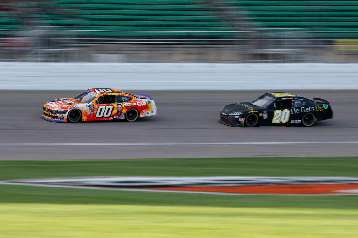 NASCAR Xfinity Series driver Cole Custer (in No. 00 car) battles Aric Almirola late in Saturday’s NASCAR Xfinity Series playoff race at Kansas Speedway in Kansas City, Kan.
