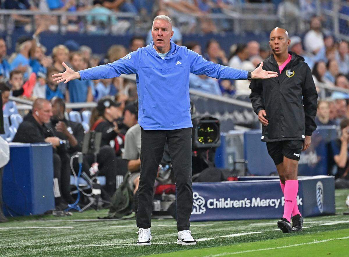 Sporting Kansas City manager Peter Vermes reacts after a play in the first half against Minnesota United at Children’s Mercy Park on Sept. 21, 2024.