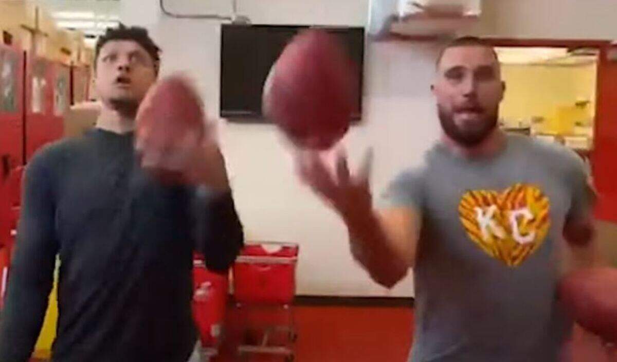For their contribution to the Big Slick Virtually Talented Show, Chiefs Patrick Mahomes, left, and Travis Kelce juggled footballs for a few seconds in a video. Paul Rudd summed it up: “It’s nice to know that the greatest quarterback in the game and the greatest tight end in the game can still find time to record a dumb video. For the kids.”