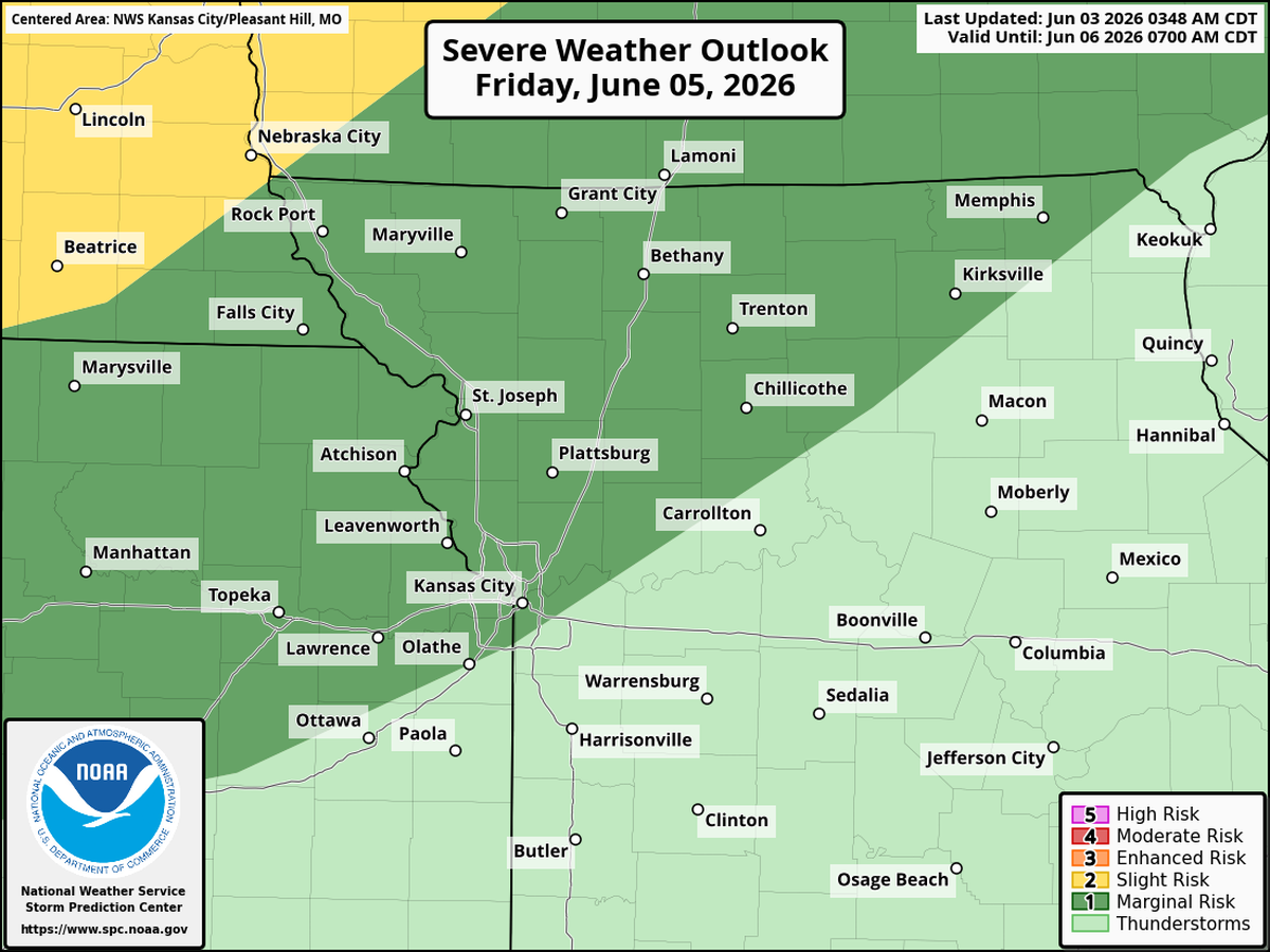 The Storm Prediction Center, part of the National Weather Service, has placed most of northeast Kansas and northwest Missouri under a marginal risk (Level 1 of 5) of severe storms on Friday evening.
