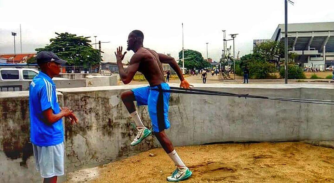 Kehinde Hassan Oginni works out at National Stadium in Surluler, Lagos State, Nigeria.