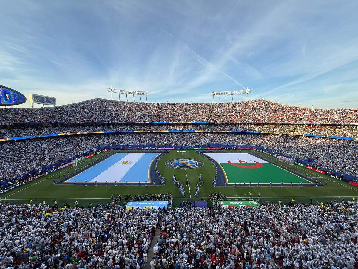 Argentina and Algeria line up ahead of their World Cup game at Kansas City (Arrowhead) Stadium on Tuesday, June 16, 2026.