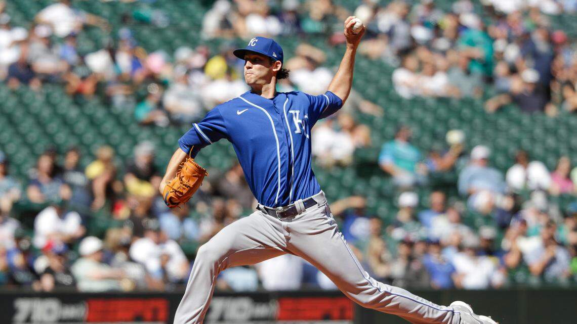 Kansas City Royals starting pitcher Daniel Lynch throws to a Seattle Mariners batter during the first inning of a on Saturday, Aug. 28, 2021, in Seattle.