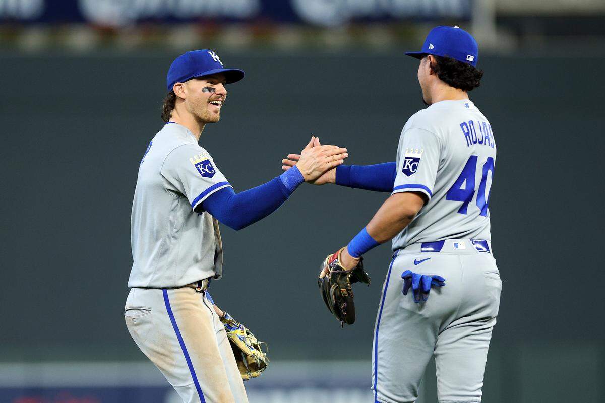 Shortstop Bobby Witt Jr., left, celebrates the Kansas City Royals’ 8-6 win over the Minnesota Twins with teammate Josh Rojas at Target Field in Minneapolis on Thursday, June 4, 2026.