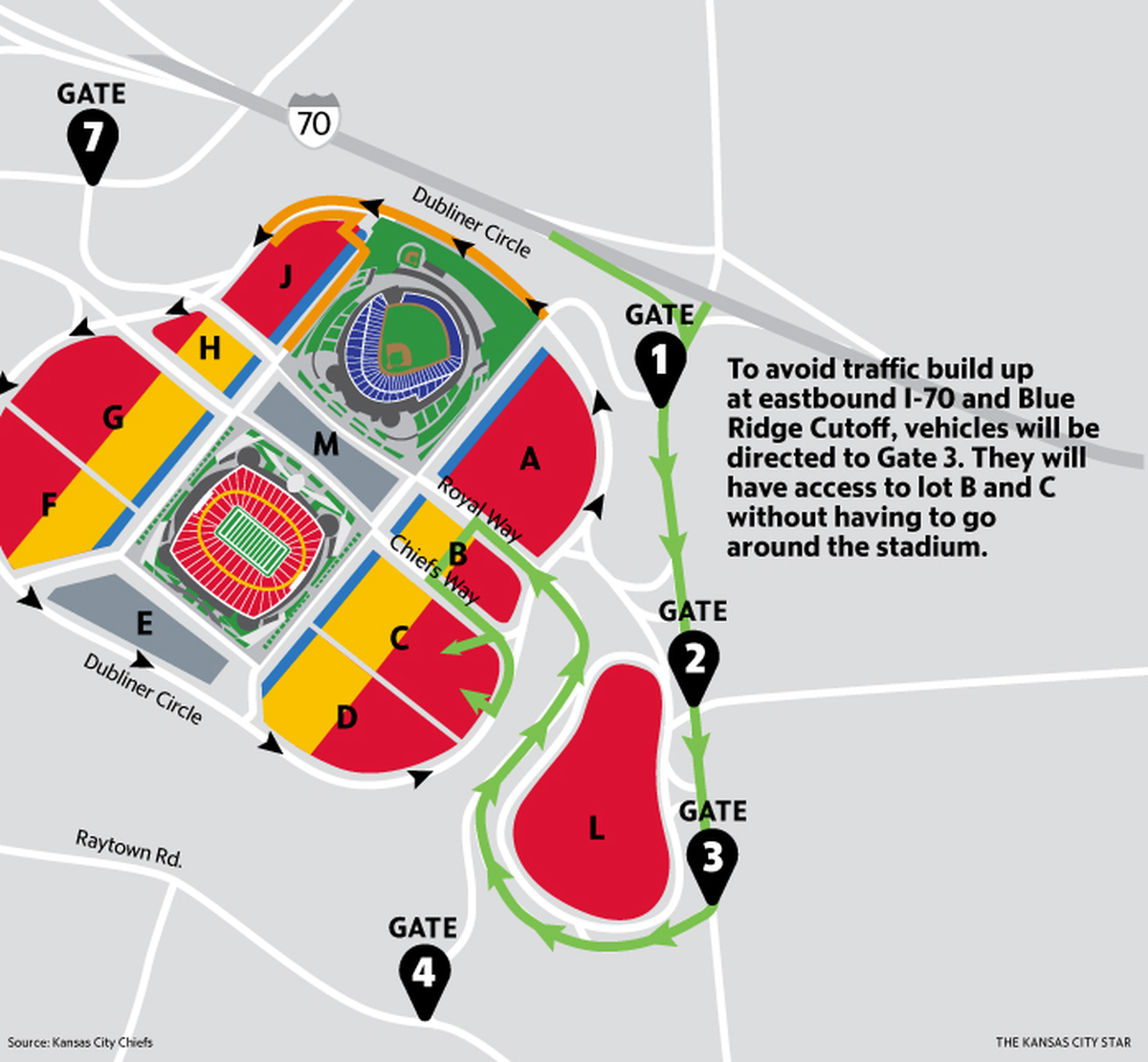 A map of GEHA Field at Arrowhead Stadium’s parking lot.