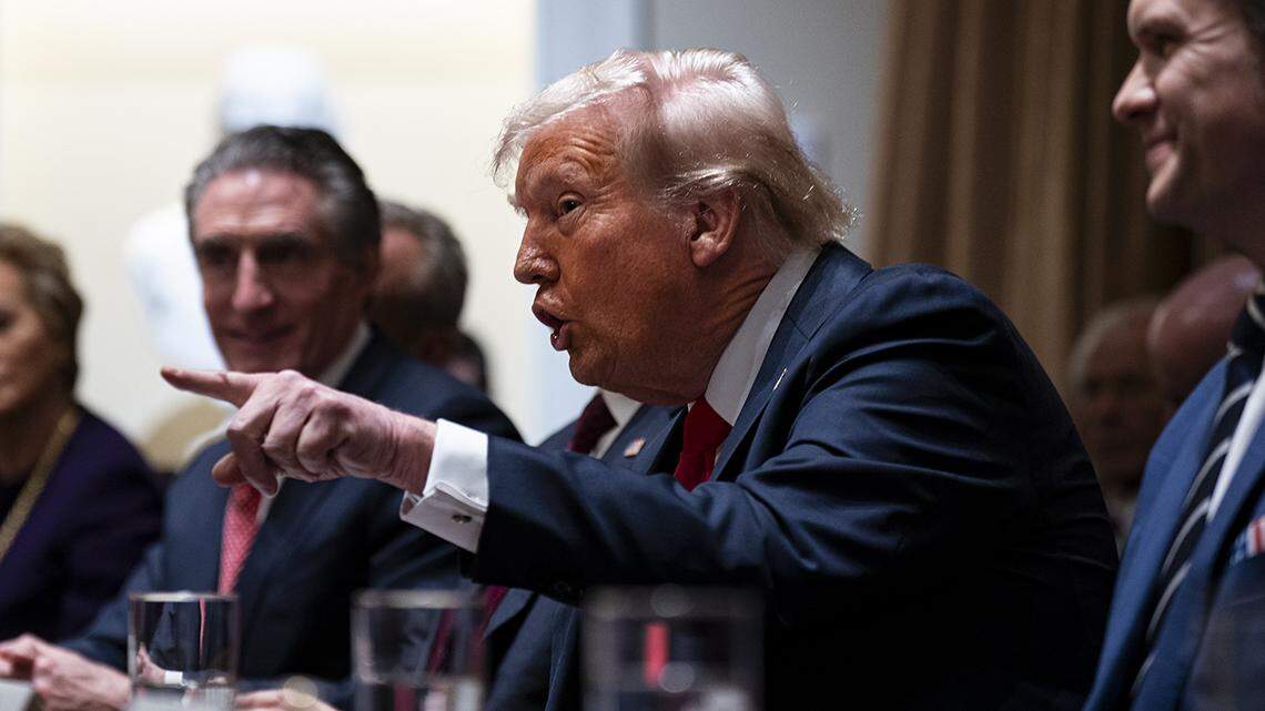 Russell Vought, director of the Office of Management and Budget (OMB), from left, Linda McMahon, former administrator of the US Small Business Administration and US education secretary nominee for US President Donald Trump, Doug Burgum, US secretary of the interior, US President Donald Trump, and Pete Hegseth, US secretary of defense, during a cabinet meeting at the White House in Washington, DC, US, on Wednesday, Feb. 26, 2025. Elon Musk’s demand that more than two million federal employees defend their work is facing pushback from other powerful figures in the Trump administration, in a sign that the billionaire’s brash approach to overhauling the government is creating division. Photographer: Al Drago/Pool/Sipa USA