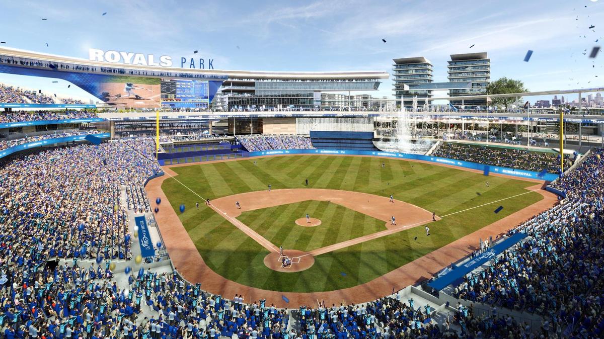 A 2023 rendering from stadium design firm Populous shows a concept of what a new Kansas City Royals stadium located in North Kansas City might look like.