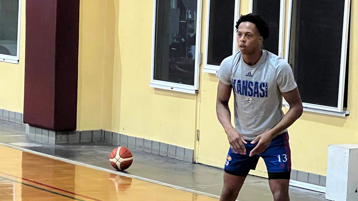 KU freshman guard Elmarko Jackson will start Monday’s exhibition against the Bahamian National Team, Jayhawks coach Bill Self said. In this picture, Jackson awaits a pass during a shooting drill on Sunday.